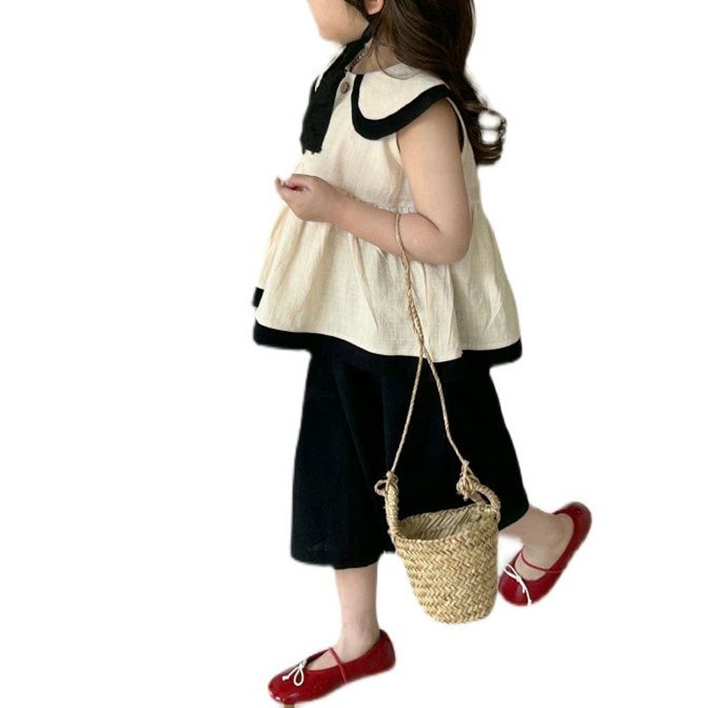 Picture of Girl's Western-style Washed Cotton and Linen Suit 2024 Summer Women's Doll Shirt Top Casual Wide-leg Pants Western-style Two-piece Set