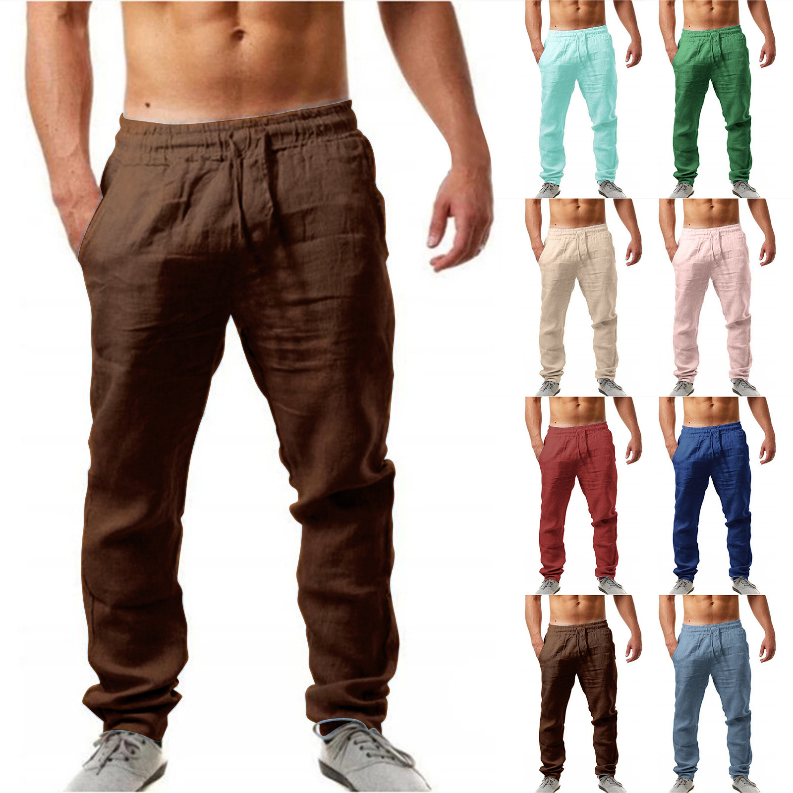 2025 Large Size Pants Men's Summer Hip-Hop Breathable Cotton and Linen 20 Count Pants Trendyy Fashion Pure Color Thin Casual