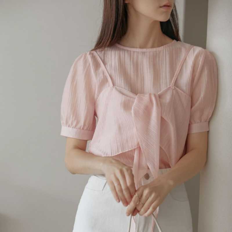 Summer Korean Niche Korean Style Slightly See-Through Bow Shirt Camisole Unique Top Two-Piece Set