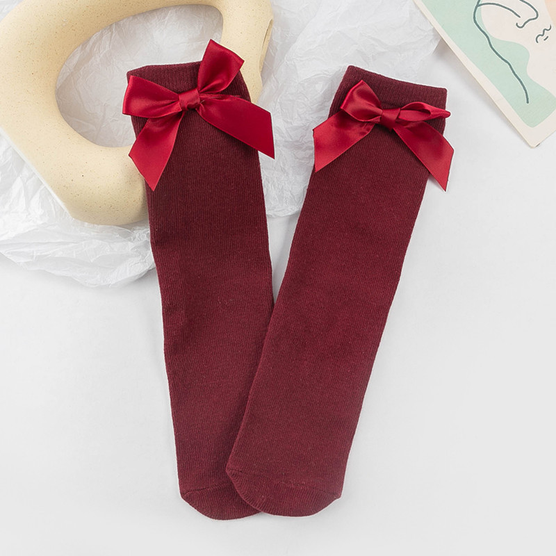 Picture of Children's Mid-Calf Socks, Solid Color Bowknot, Suitable for Both Small and Large Children, Slouch Socks That Can Be Worn Front or Back, Straight Tube, No Heel Socks for Girls