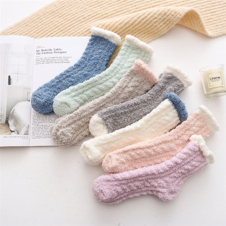 Pure color coral fleece socks Winter Sleep warm thickened confinement plush towel sleeping home adult floor socks