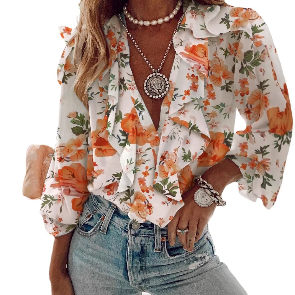 Picture of European and American shirt Amazon 2025 cross-border supply European and American women's chiffon shirt V-neck long sleeve top
