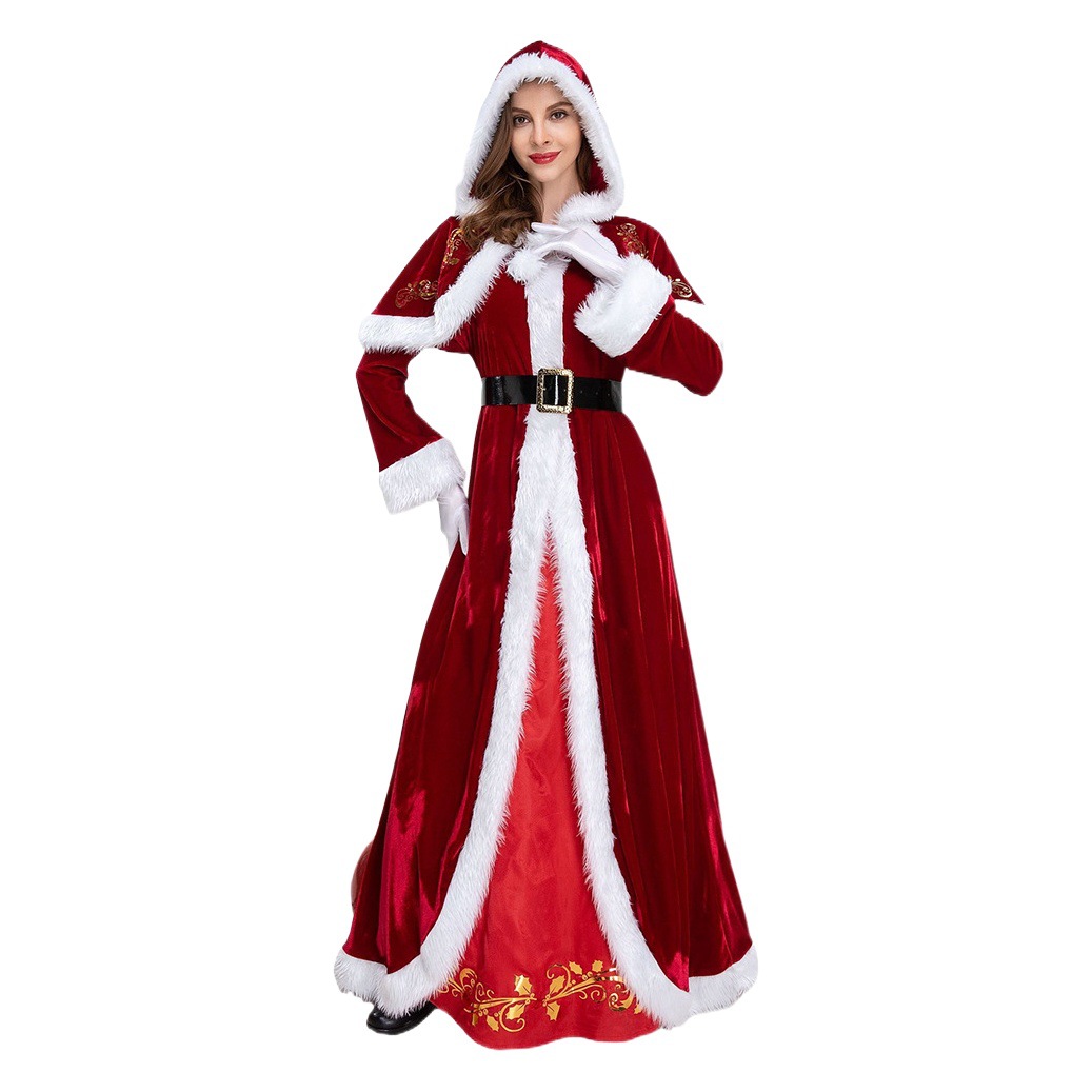 European and American Cross-Border Christmas Clothing Long-Sleeved Women's Christmas Skirt Thickeneded Santa Claus with Shawl Christmas Queen Clothing