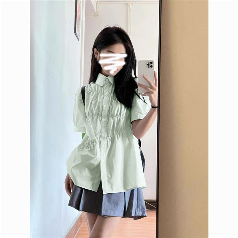 Mint Green Short-sleeved Shirt Women's Summer 2024 New Mambo Style Bubble Sleeve Design Sense Niche Top