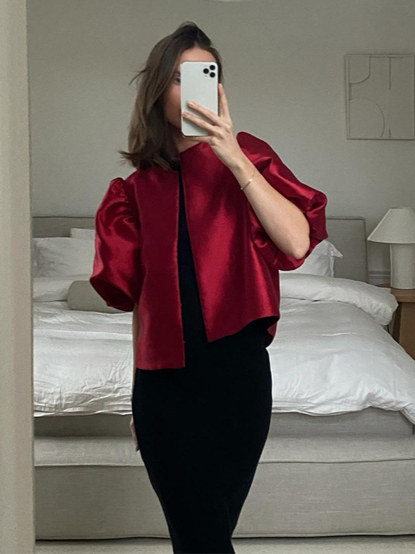 European and American Cross-border 2025 Spring Women's Blouse Elegant Short Single-breasted Round Neck Fluffy Sleeve Shirt
