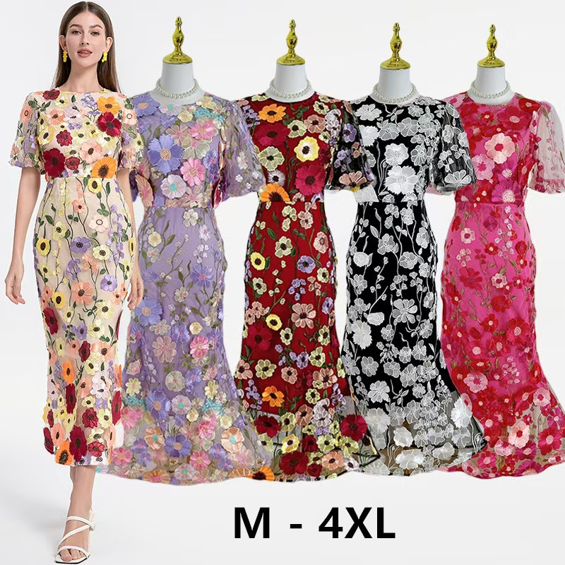 Cross-border foreign trade in stock heavy industry handmade three-dimensional color embroidery bubble sleeve hip temperament fishtail skirt dress women