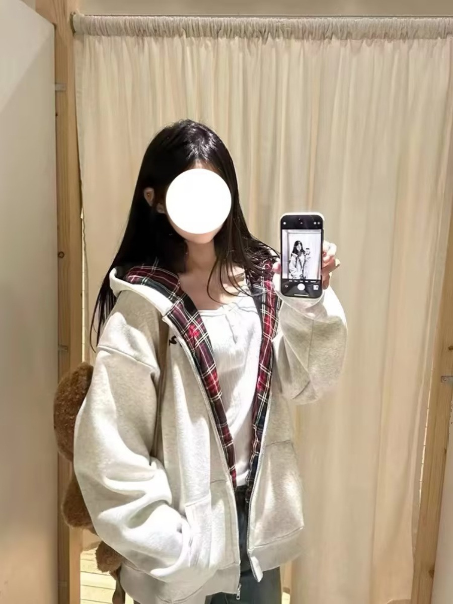 Picture of American Style Retro Plaid Hooded Sweater Women's Spring and Autumn oversize Thin Jacket Loose Lazy Style Cardigan Top