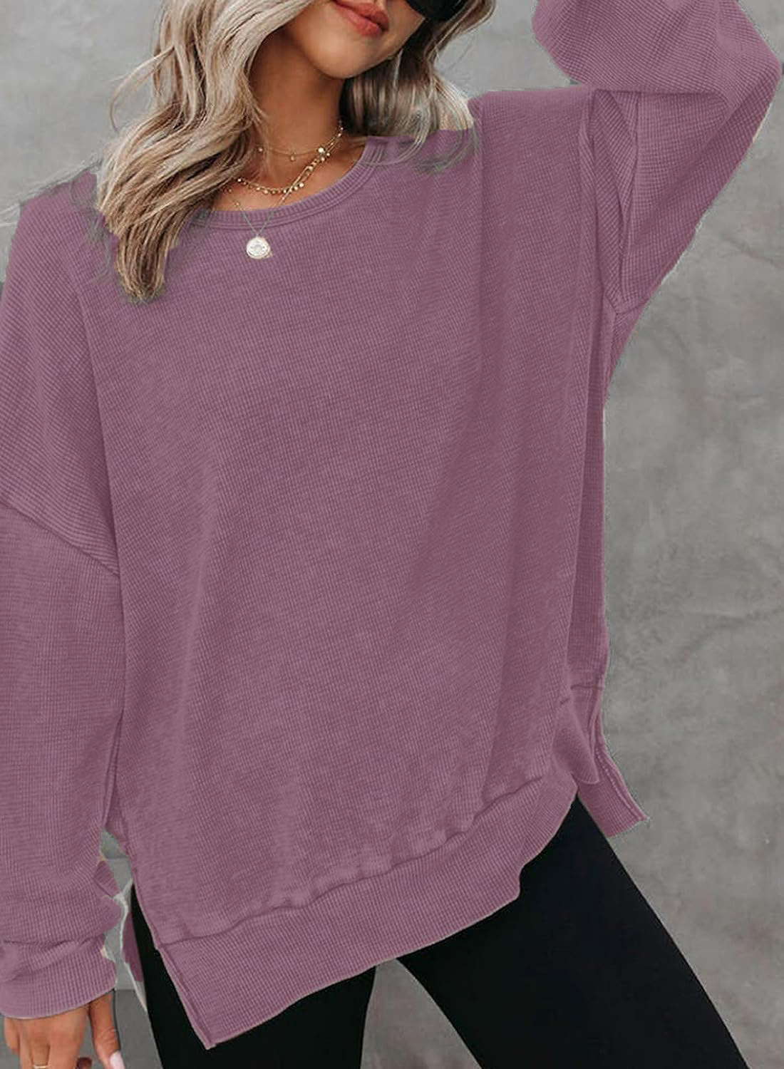 Picture of 2025 European and American Cross-Border Women's Clothing Amazon Autum New Round Neck Long-Sleeved Side Slit Waffle Sweatshirt T-Shirt for Women