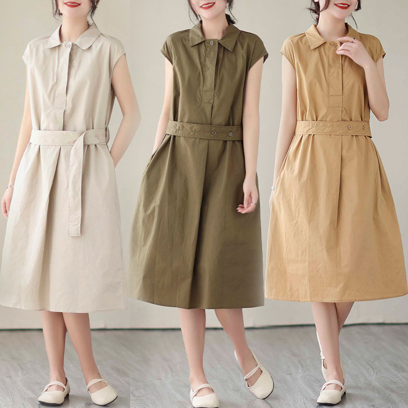2023 Summer new French style elegant Korean style waist slimming shirt dress mid-length cotton lapel dress women