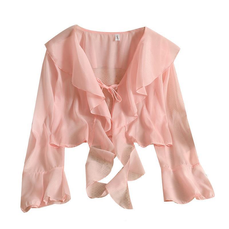 Picture of Sweet Ruffled Lace-up Short Chiffon Shirt for Women in Summer with Suspender Skirt and Shawl Small Outwear Sun Protection Blouse