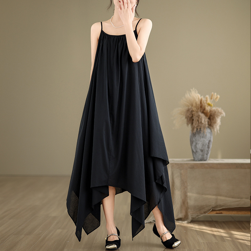 Picture of Black and White Minimalist Irregular Hem Sling Long Dress Children's Loose Beautiful Travel Photoshoot Sleeveless Solid Color Cotton and Linen dress