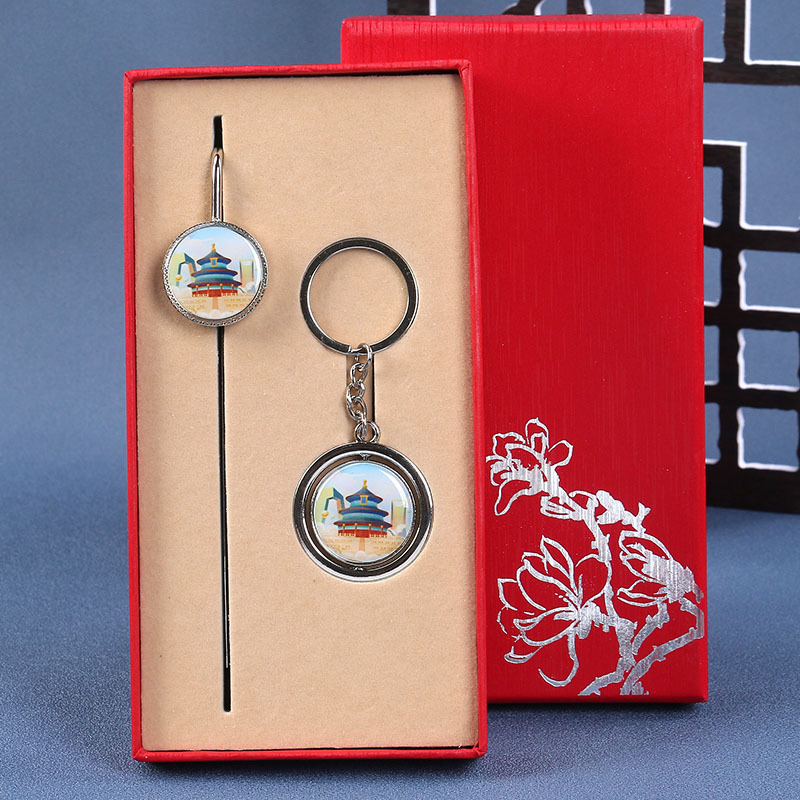 Picture of Beijing Temple of Heaven, Wuhan Yellow Crane Tower, Nanjing, Guangzhou Souvenir Metal Bookmark Keychain Set Custom Cultural and Creative Style