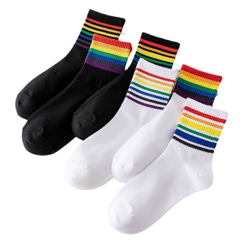 Wear Rainbow Outer Wear with Shark Pants, Sports Popular Style, Ins Socks with Daddy Shoes, Women's Mid-Calf Socks, Trendy Summer