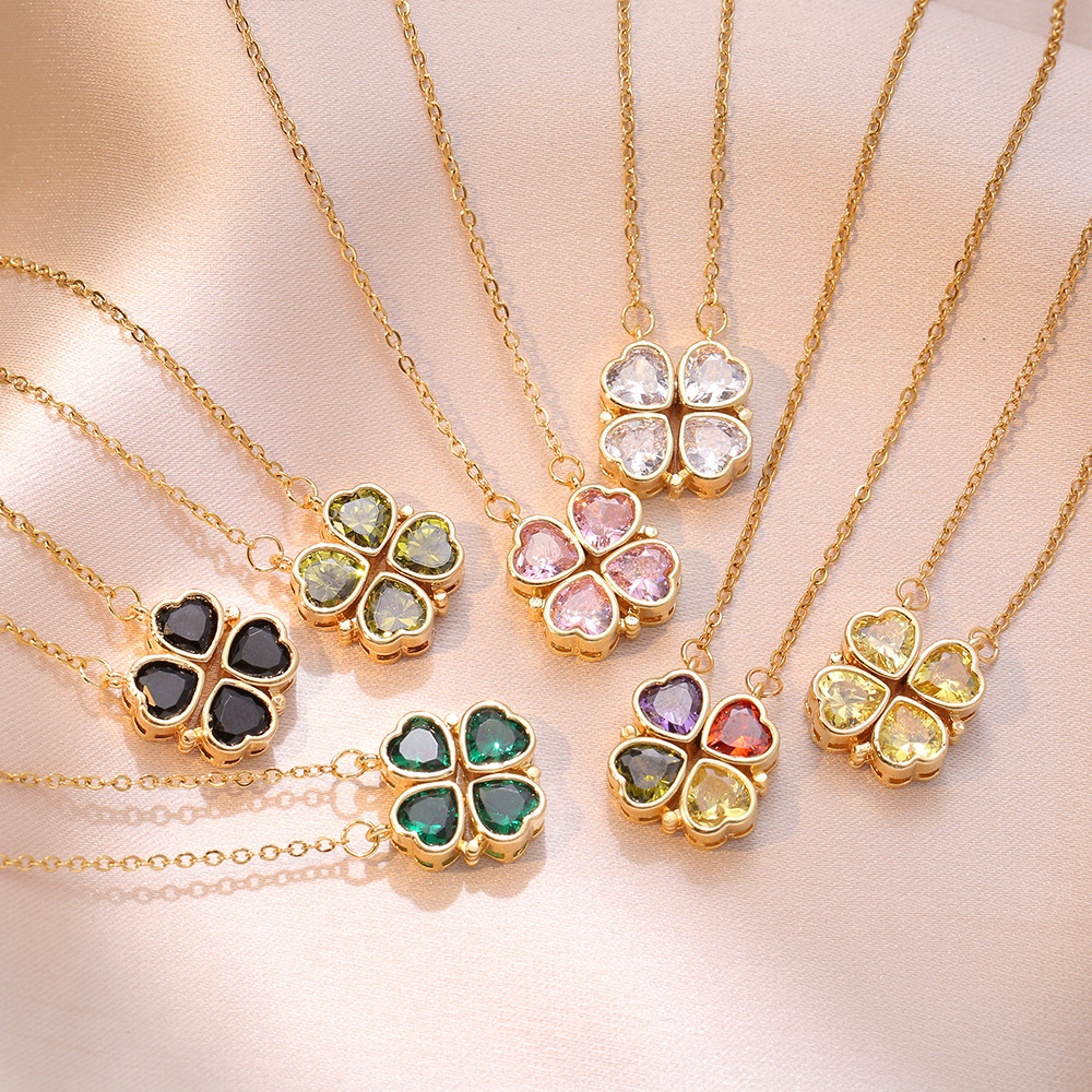 Picture of Women's necklace does not fade fashion a two-wearing four-leaf flower heart to heart open and close love folding clavicle chain wholesale