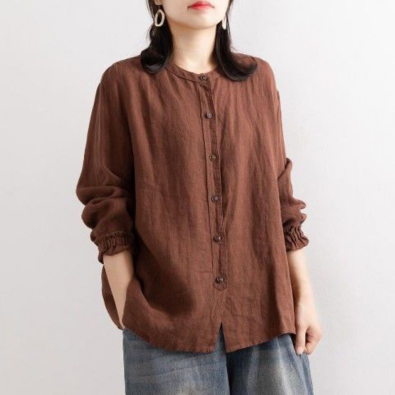 Picture of Artistic Retro Spring and Autumn Cotton Linen Shirt Women's Loose Round Neck Shirt Jacket Casual Jacket Neck Sleeve Top Women