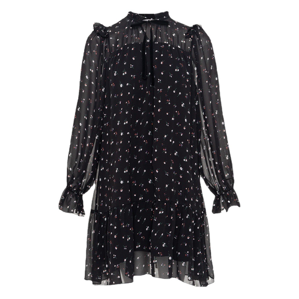 Cross-Border Floral Dress for Women European and American 2025 Ruffled Neckline Straps Puff Sleeves Short Chiffon Flared Skirt