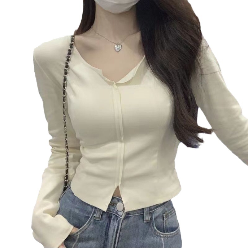 High-grade German velvet pure desire split design short T-shirt autumn and winter new fashion western long sleeve bottoming top women
