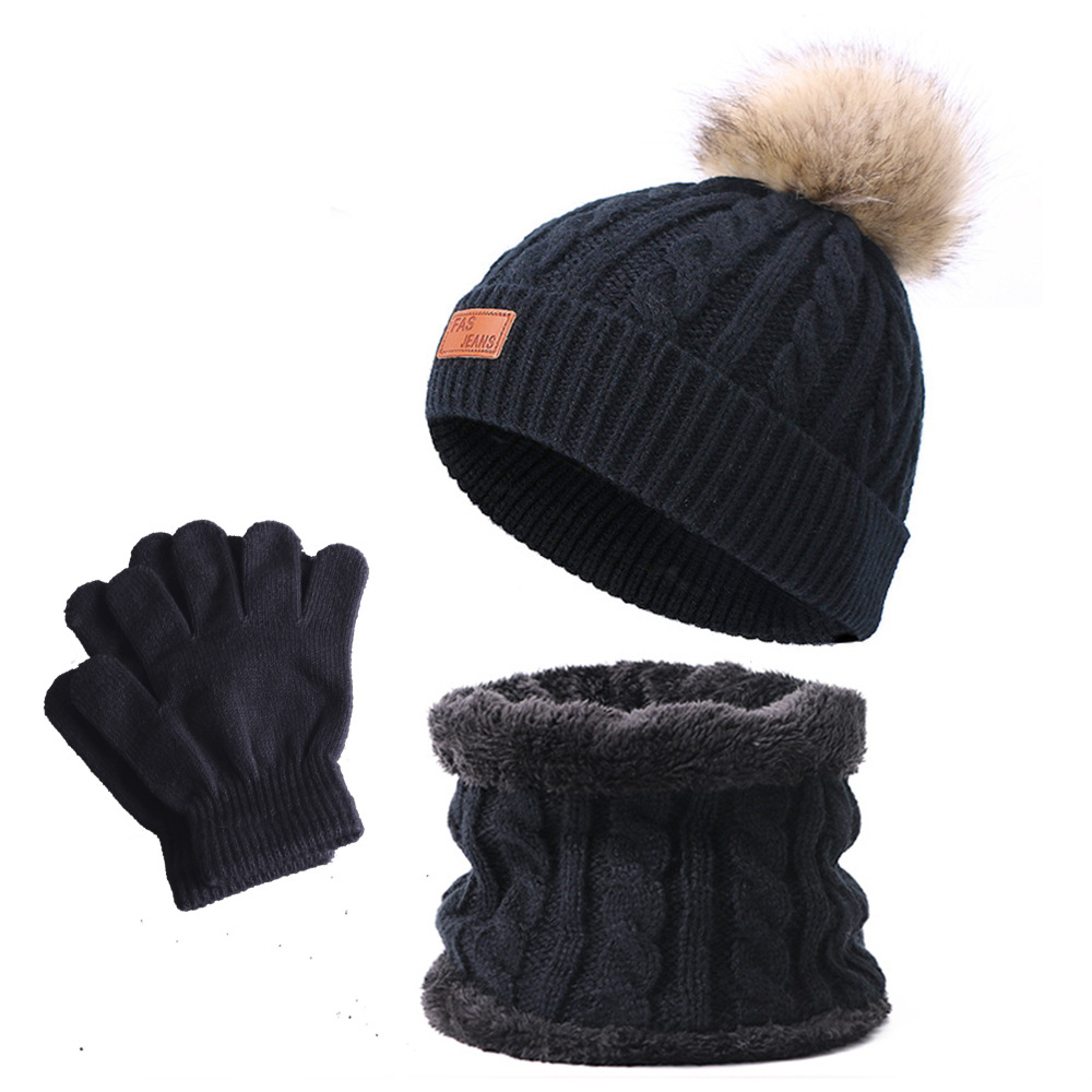 Picture of Winter Children's Neck Hat Two-Piece Pompom Baby Baby Knitted Hat Warm Wool Fleece-Lined Thickened Neck Set