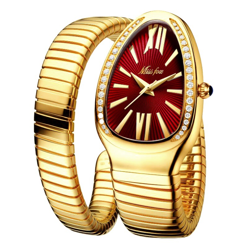 MISSFOX Snake Wrap Women's Watch Trendy Fashion Personalized Red Snake Head Diamond Gold Quartz Watch