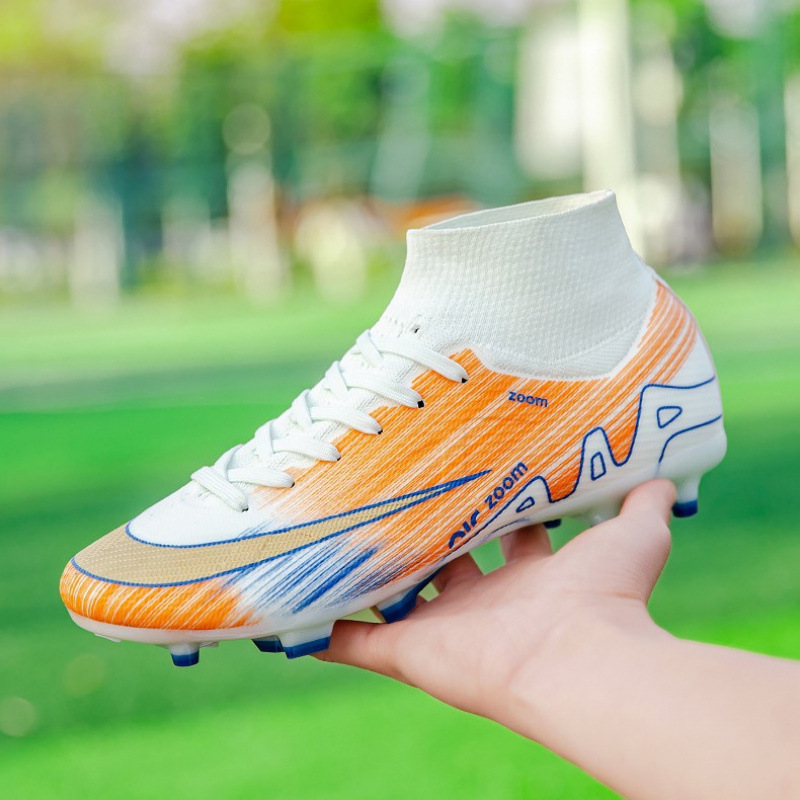Cross-Border New Seamless Fly-Knit High-Top Football Shoes for Men and Women, Long Broken Spike Competition Training Shoes, Outdoor Sports Shoes
