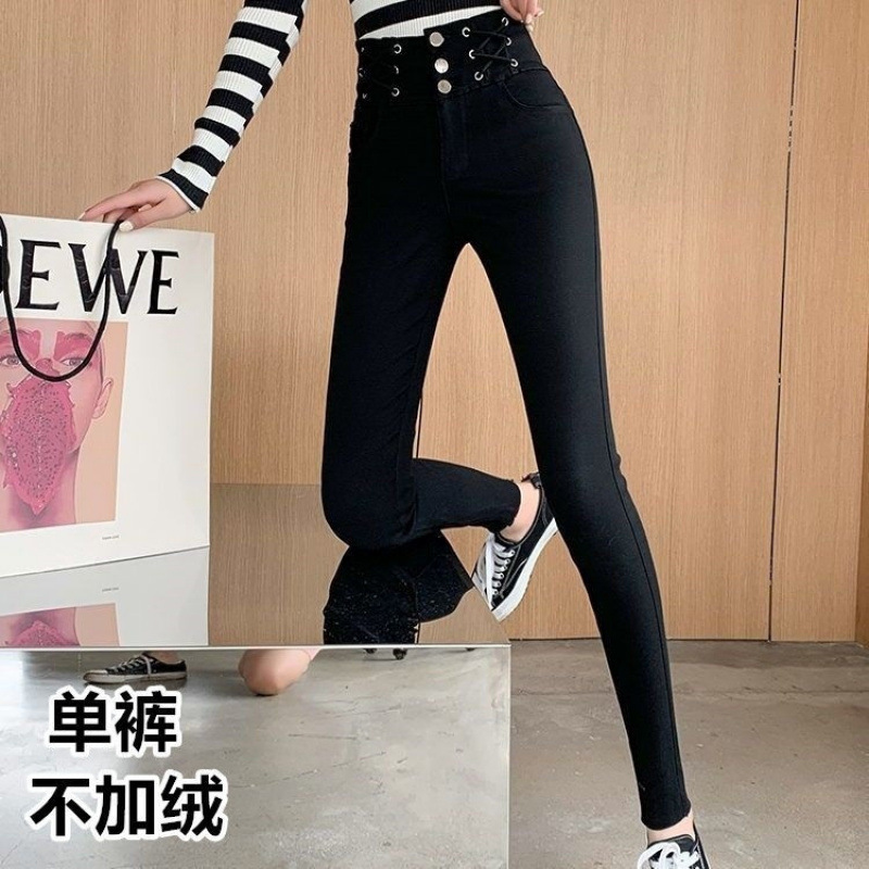 Internet Popular High Waist Buckle Tight Leggings Women's Outer Wear Spring and Autumn New 2024 Slimming Stretch Pencil Leggings Trendy