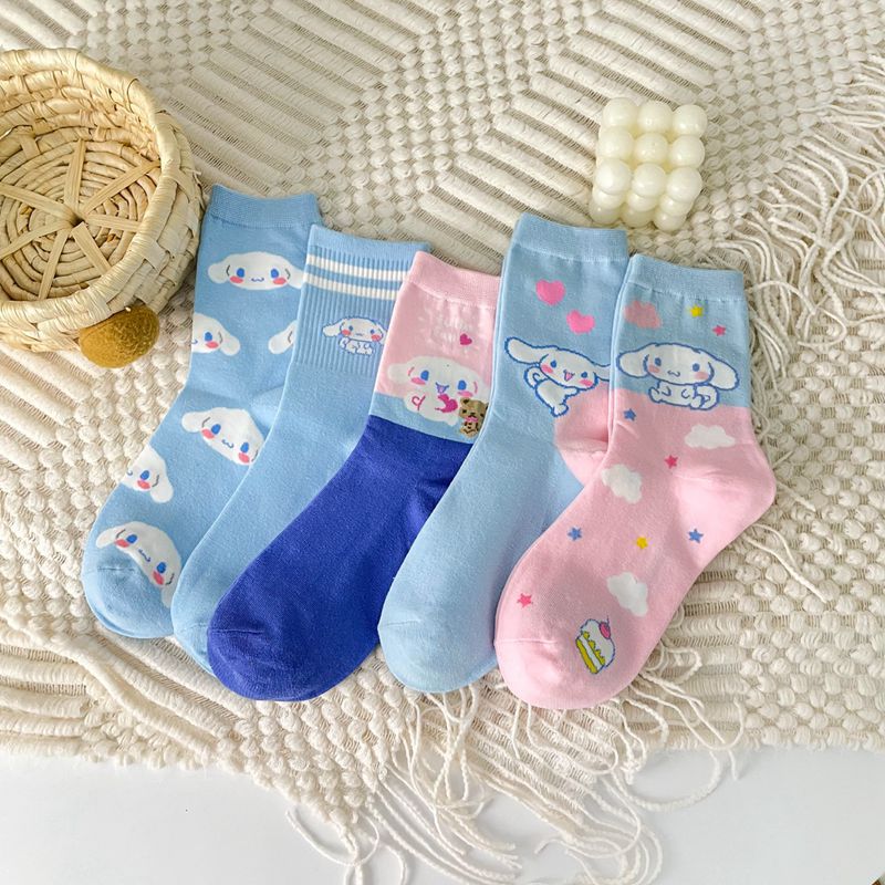 Women's Japanese-style cartoon blue combed cotton mid-calf socks cute puppy stockings in stock wholesale