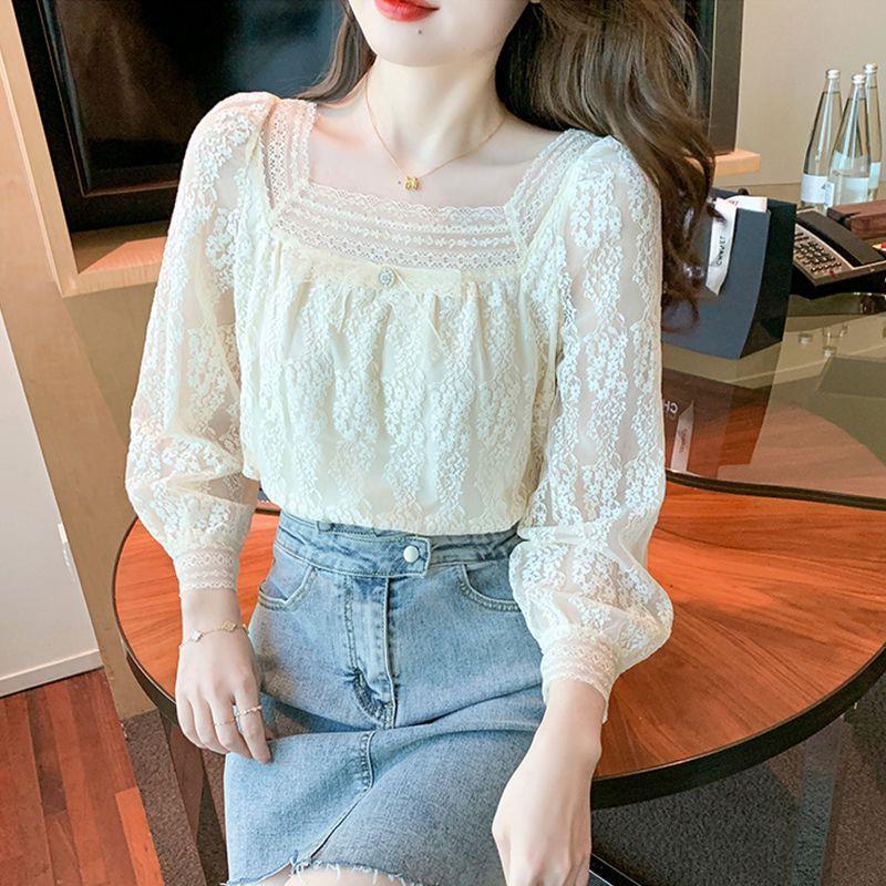 Picture of Lace Base Shirt Women's Wear Autumn and Winter 2024 New Fashion Western Style Square Collar Chiffon Shirt All-match Top