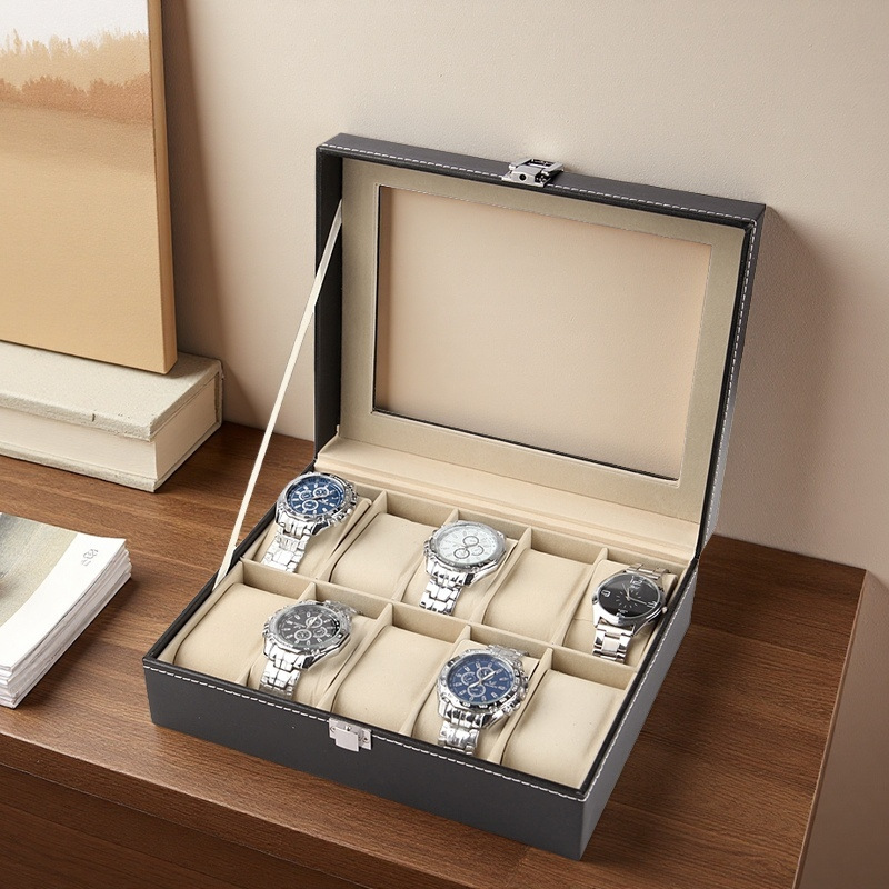 Picture of High-grade leather 10-position watch box mechanical watch storage display box high-permeability glass cover counter watch box cross-border