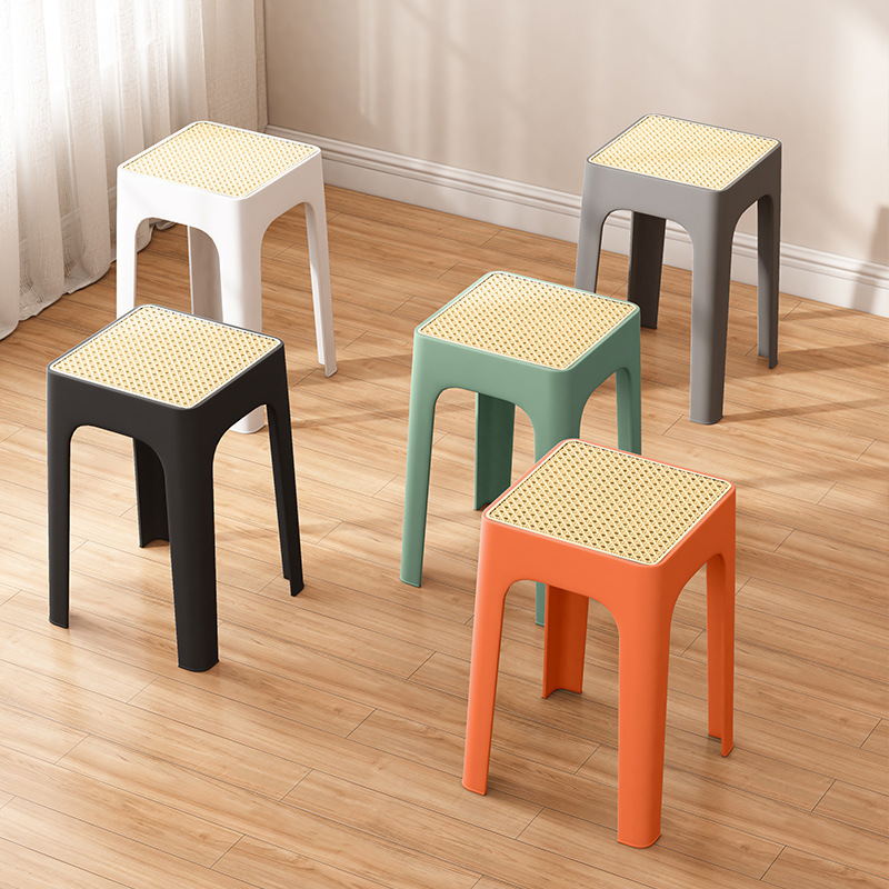 Plastic Stool for Home Use, Thickened and Stackable Rattan Square Stool, Vintage High Stool, Modern Simple Living Room Dining Table Chair