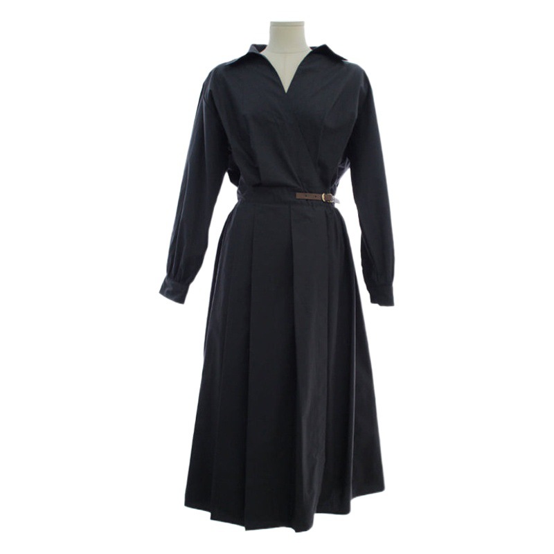 Foreign Trade Women's Clothing 2023 Autum New Ruili V-Shaped Lapel Elegant Waist Slimming Look Pleated Design Long Sleeves