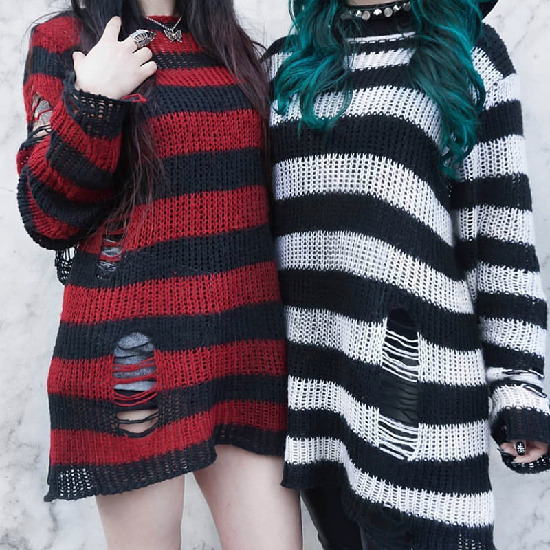 Picture of Mohair New European and American Export Loose Stripesd Knitwear Women's Mid-Length Pullover Hole Thin Cross-Border Knitwear