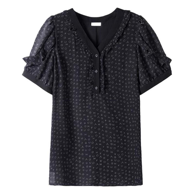Picture of Real Shot chubby girl Printed Elegant Short-sleeved Shirt Summer New Belly Covering Loose Slim T-shirt Top