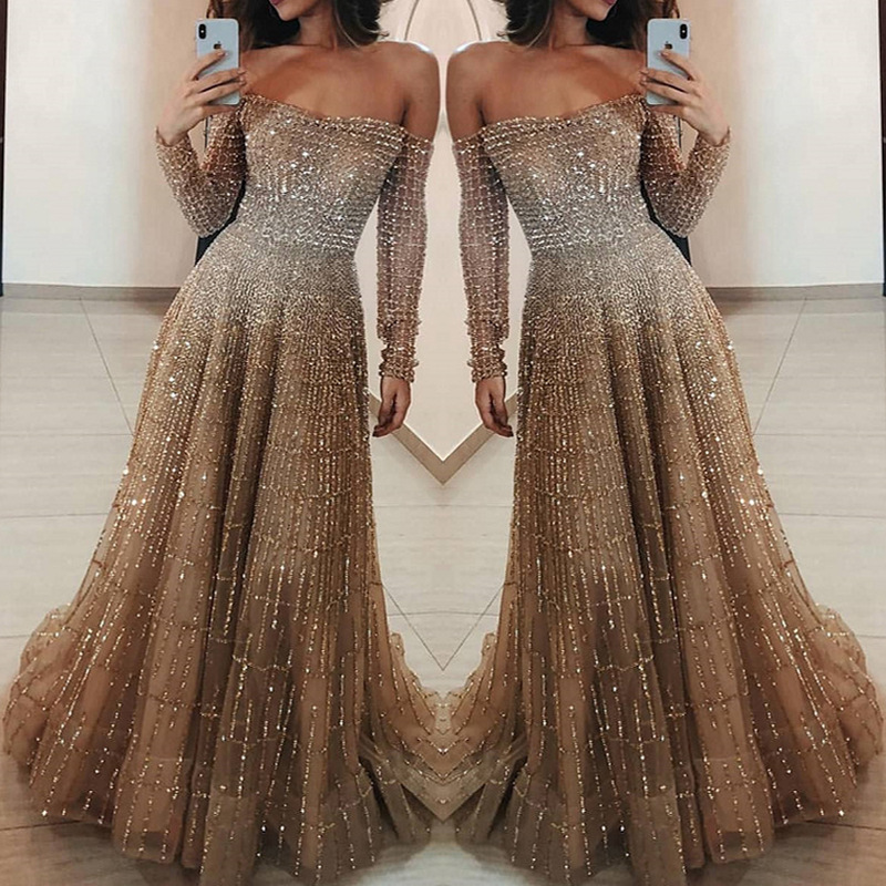 Sc2031 Internet Celebrity New Amazon Long 2025 Autumn and Winter Shiny One-Shoulder Long-Sleeved Tube Top Dress