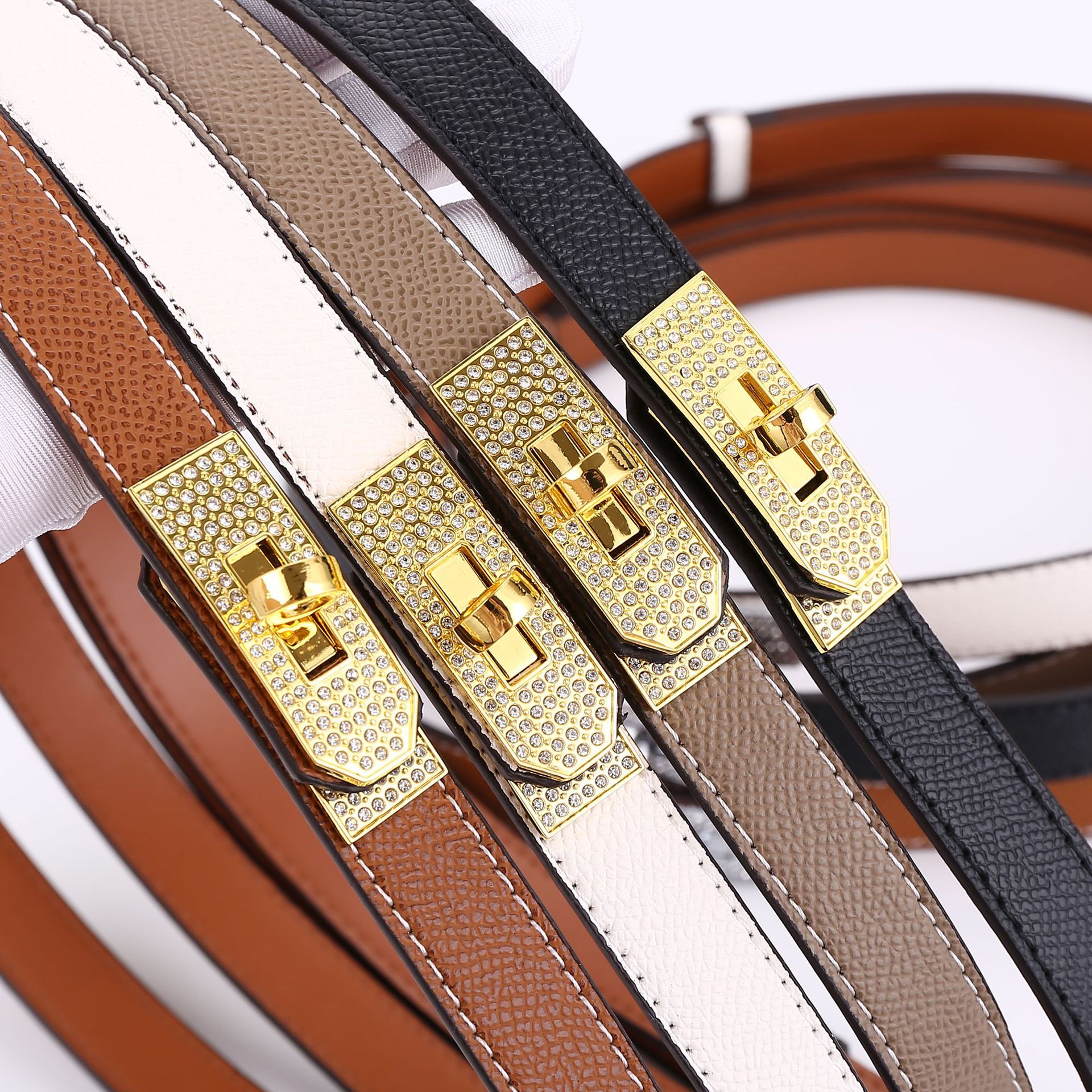 Kelly Belt Women's All-match Decorative Leather Cowhide Diamond-encrusted Lock Buckle Buckle Thin Belt Clothes Suit Waist Cover