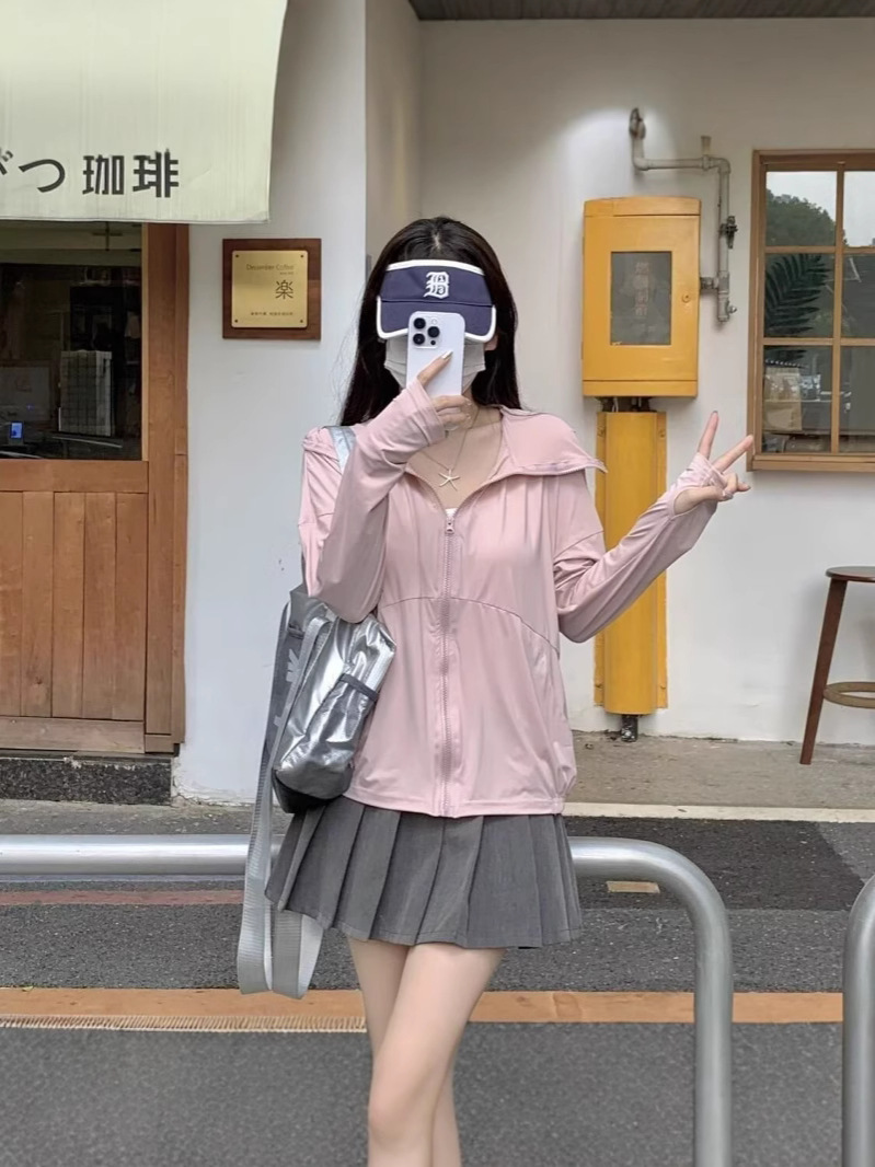 Pink Cool Ice Silk Sun Protection Clothing for Women in Summer, Anti-Uv Loose Lazy Style Jacket, Original Yarn Ultra-Thin Sun Protection Clothing