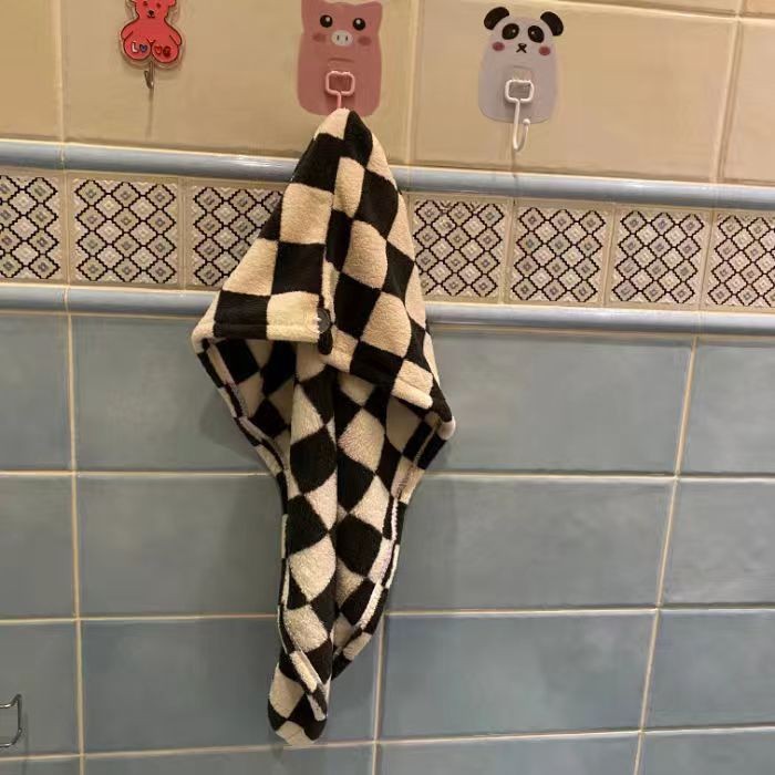 Cross-Border Black and White Checkerboard Bath Towel and Dry Hair Cap Three-Piece Set Absorbs Water, Quick-Drying, Does Not Shed Hair, Head-Mounted Super Absorbs Water
