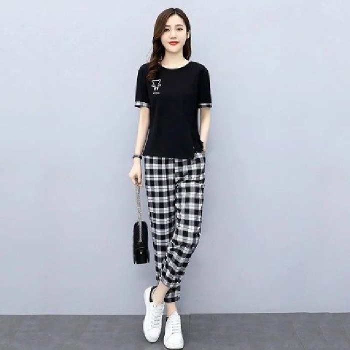 Picture of Fashion Casual Suit Women's 2023 Summer New Simple Elegant Slim Split Top Plaid Pants Two-piece Set