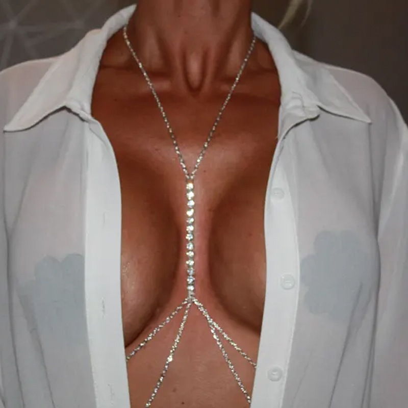Picture of European and American fashion rhinestone love chest chain women's nightclub beach sexy bikini diamond body chain