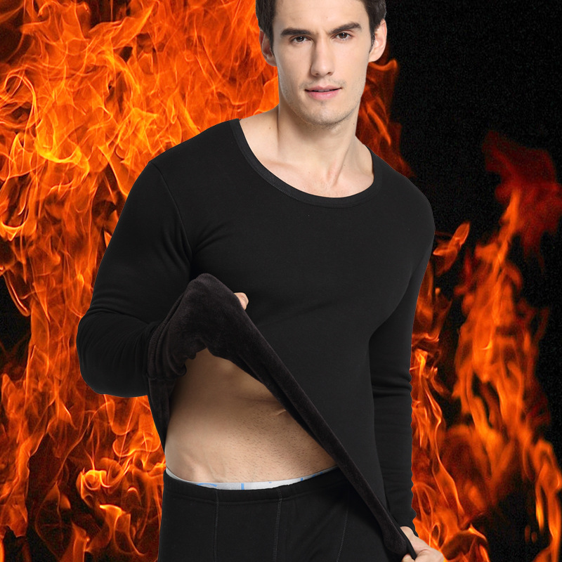 New Men's Thermal Underwear Set Fleece-Lined Thickened Autumn and Winter Solid Color Round Neck V-Neck Cotton Sweater
