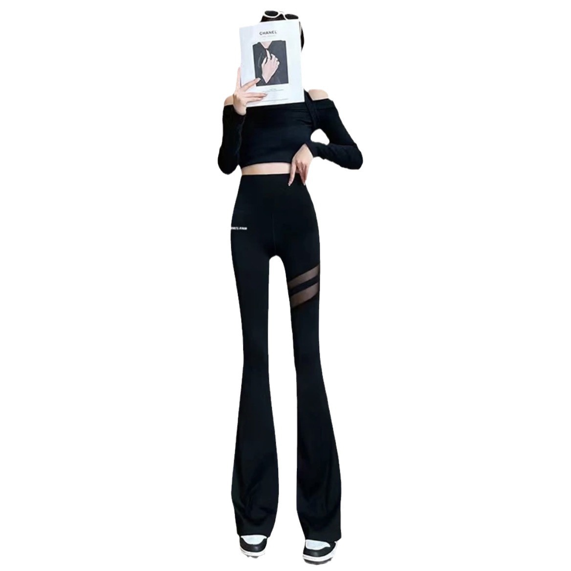 Picture of Pocket shark pants new women's mesh lace wide-leg high waist high elasticity slimming flared pants casual yoga pants
