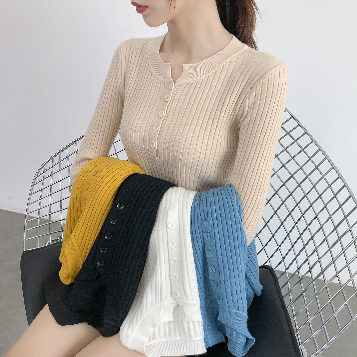Picture of Real shot autumn and winter New Low round neck leaky collarbone knitted bottoming shirt slim short thin sweater button top