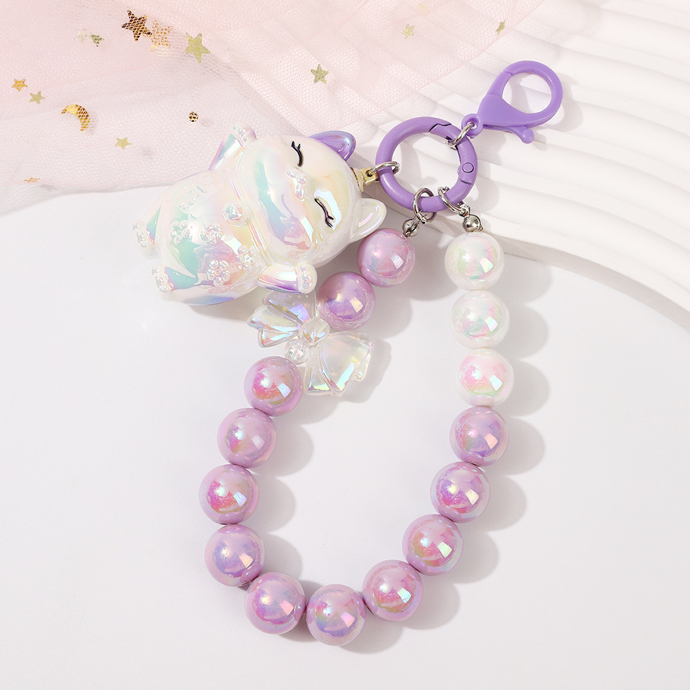 Picture of Girl heart lucky cat beads keychain two-color pearl beaded mobile phone chain bag keychain pendant
