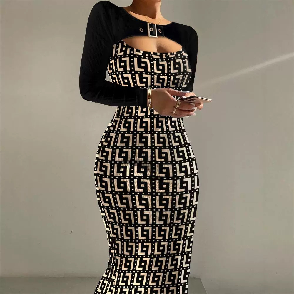 Europe and the United States foreign trade Amazon cross-border independent station new printed buckle decorative hollow tight hip dress