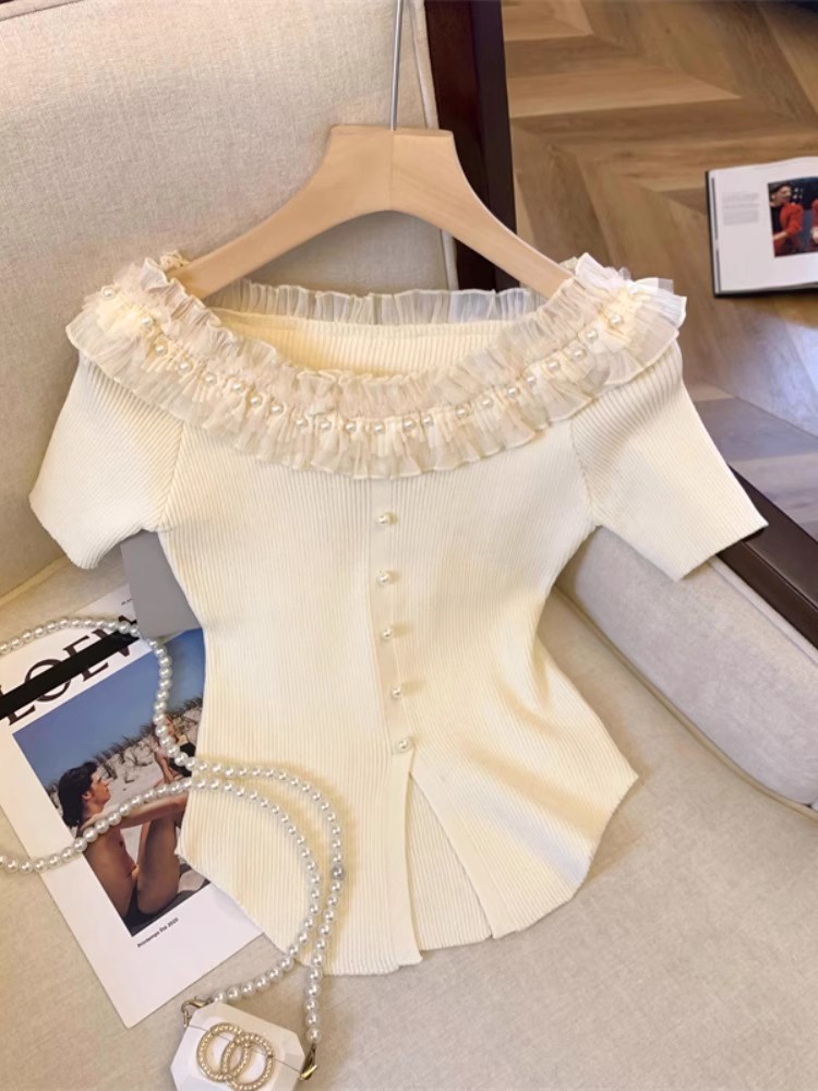 French-Style Beaded Ruffle Off-Shoulder Short-Sleeve T-Shirt for Women, Summer Design, Niche Slim-Fit Knit Top