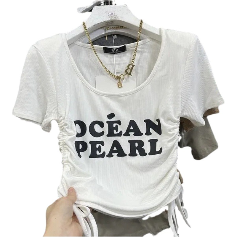 2024 Summer New Korean Style Fashionable Slimming Round Neck Lace-up Drawstring Letter Printed Short-sleeved Pullover T-shirt Top