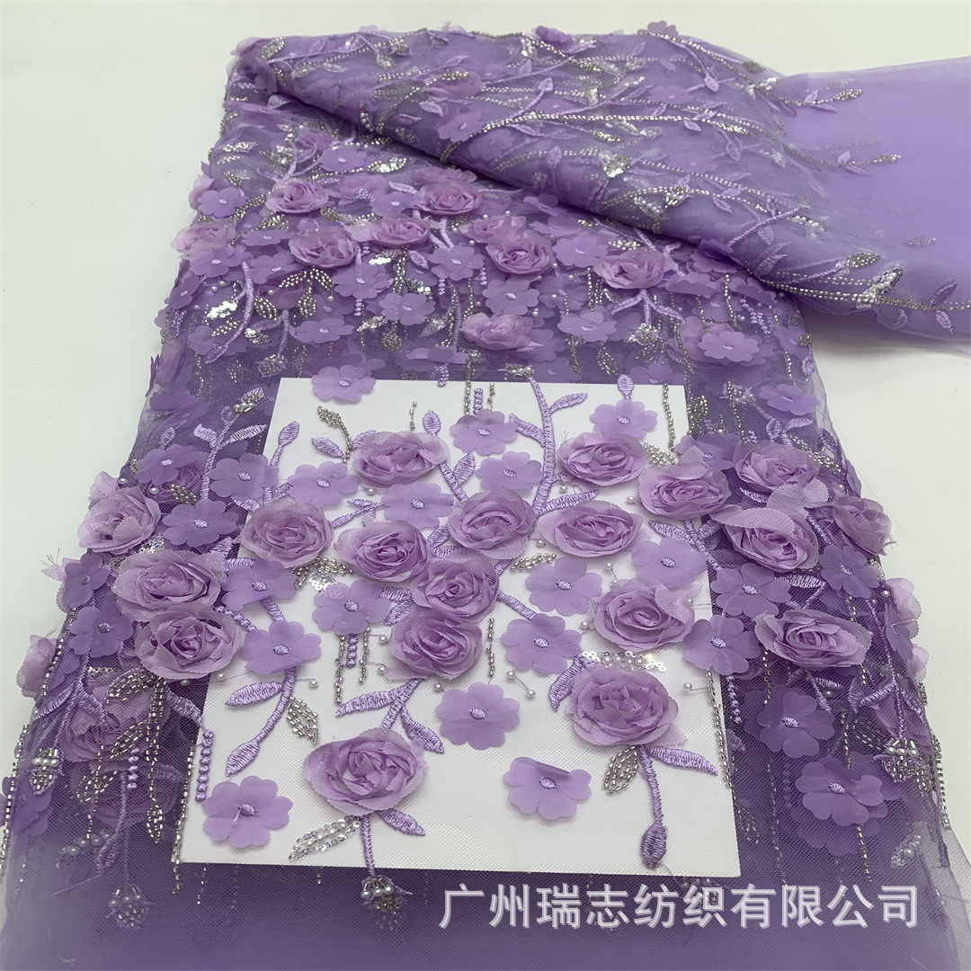 In stock, multi-color 3D handmade custom floral mesh lace fabric, wedding dresses, evening gowns, children's dresses, embroidered fabric