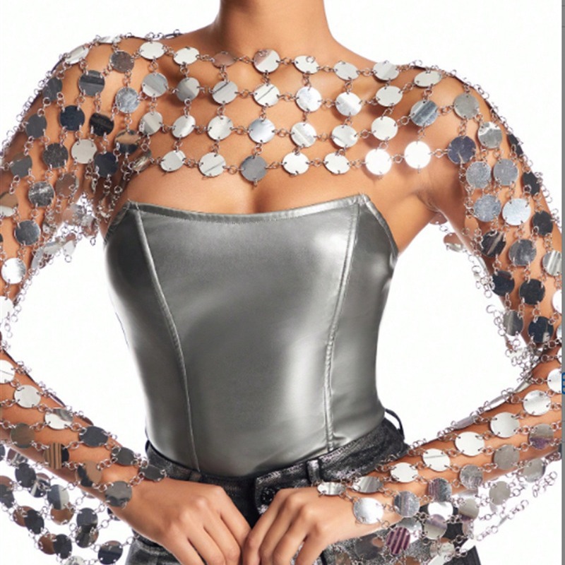 2024 Cross-Border European and American Amazon Best-Selling Sexy Sequined Cut Out Stitching Metal Sequined Long-Sleeved Top Y22005