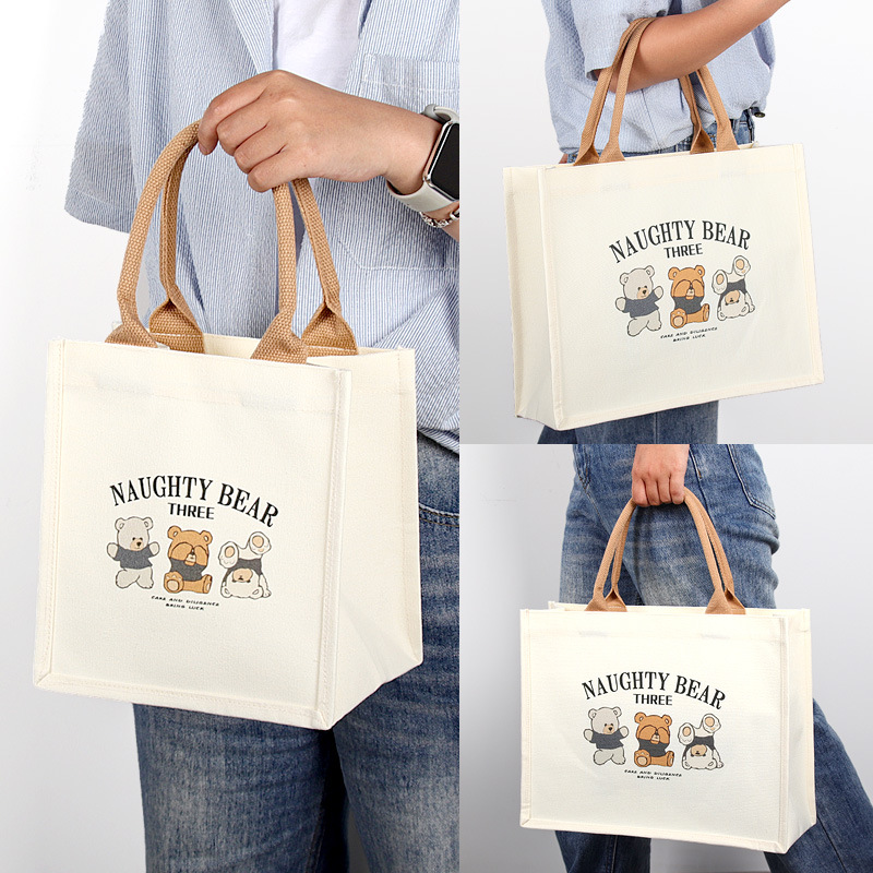 Picture of Canvas Bag Custom Bear Tote Bag for Female Students Stereo Canvas Bag Custom Ribbon Printed Logo Canvas Small Tote Bag