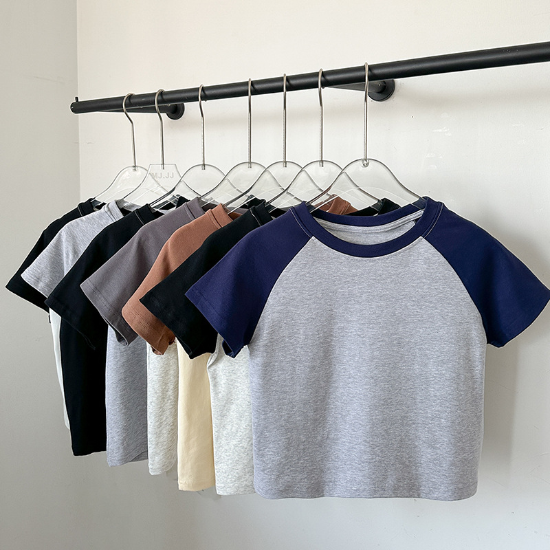 Real Shot of Cotton Summer Short Contrasting Color T-Shirt for Women with Design Sense, Right Shoulder, Slim Fit, Student Couple Short Top