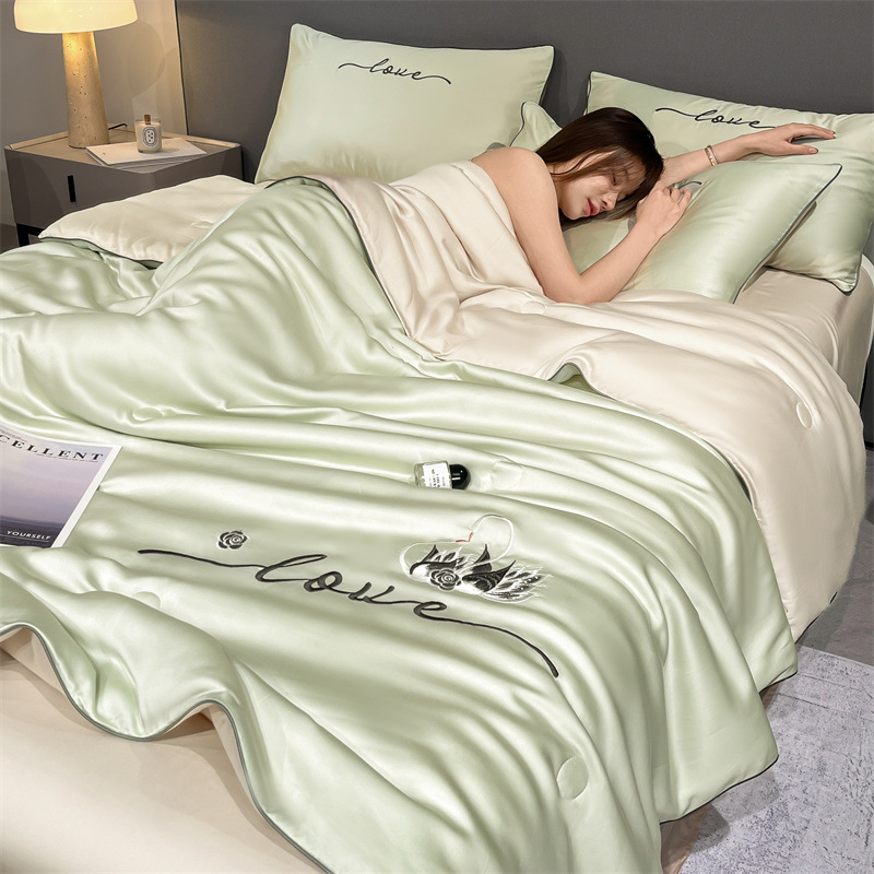 Picture of Washed Ice Silk Summer Quilt Four-piece Solid Color Embroidered Cool Air Conditioned Quilt Summer Gift Summer Quilt Summer Thin Quilt